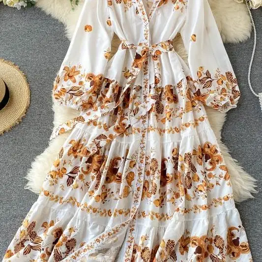 

Autumn Casual Women Dress Blending Floral-Printed V-neck Slim Sashes Long Dress Ladies Fashion Holiday Flower Mid-calf Dress