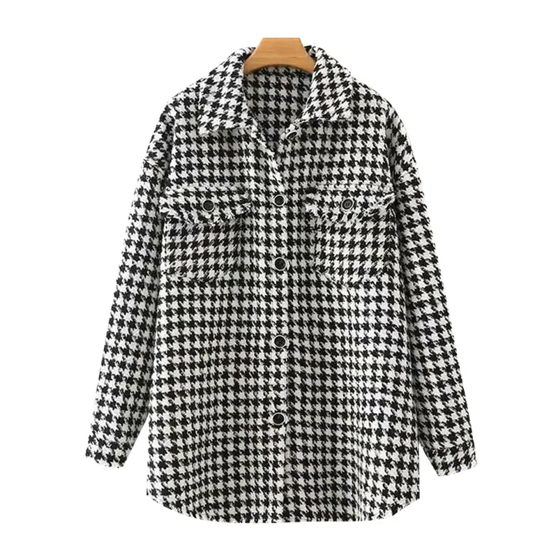 

Women Fashion Oversized Houndstooth Frayed Tweed Jacket Coat Vintage Long Sleeve Pockets Female Outerwear Chic Top