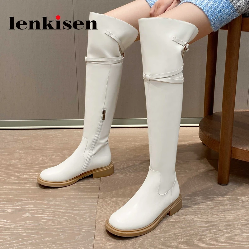 

Lenkisen 2022 winter original design cow split leather round toe med heel long boots concise solid zip over-the-knee boots L81