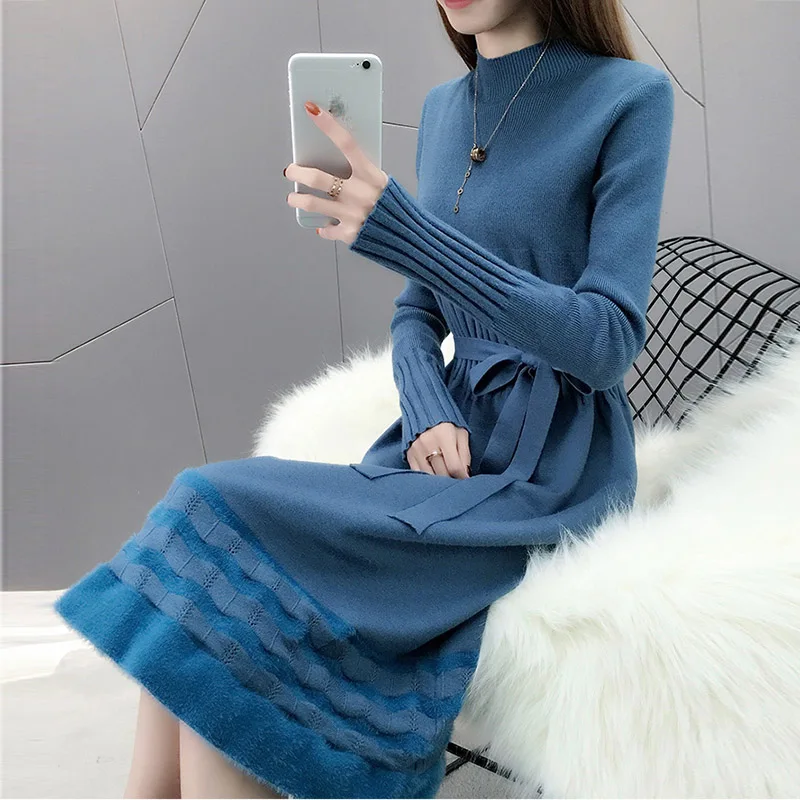 

Autumn Winter black Sweater Dress Women o-neck Long Sleeve A Line thick Knit long Dress female basic bodycon dress