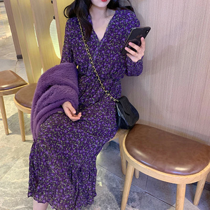 

Женское длинное платье с V-образным вырезом, тонкое асимметричное шифоновое платье фиолетового цвета в стиле ретро, с высокой талией, весна-...