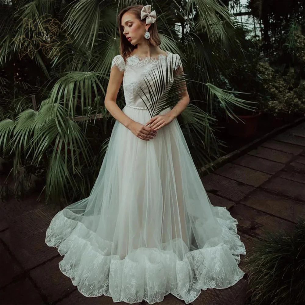 

Elegant Open Back Wedding Dress Short Sleeve O-neck A-line Lace Applique Bridal Gown Vestidos De Novia White Marriage Dress