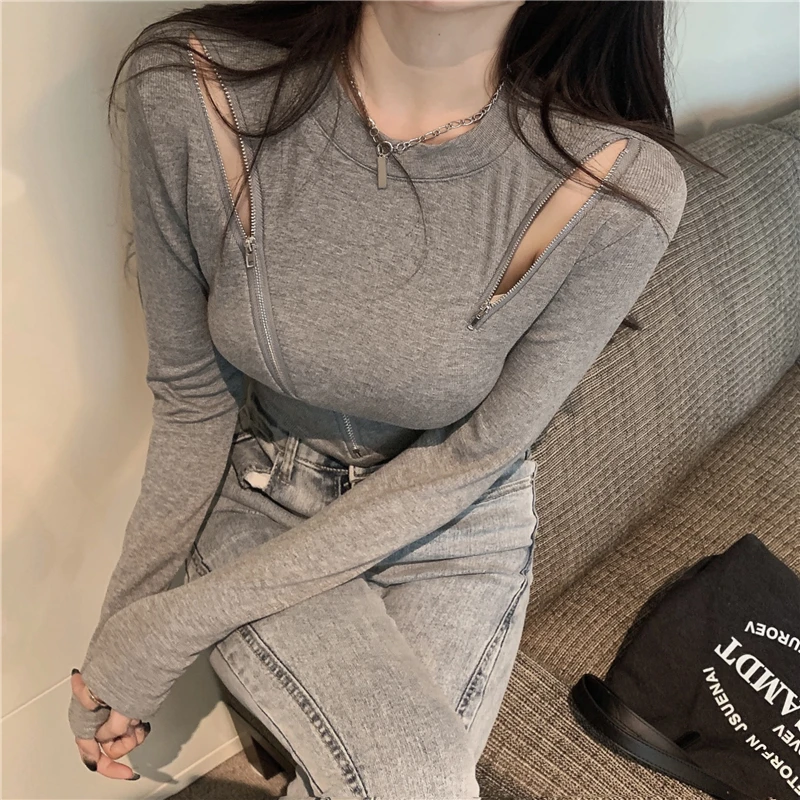 

Chic Zip Sexy Long Sleeve T-shirt Women Sexy Bottoming Tops O-neck Casual Slim Tshirts Ladies 2021 Spring Knit Womens Clothing