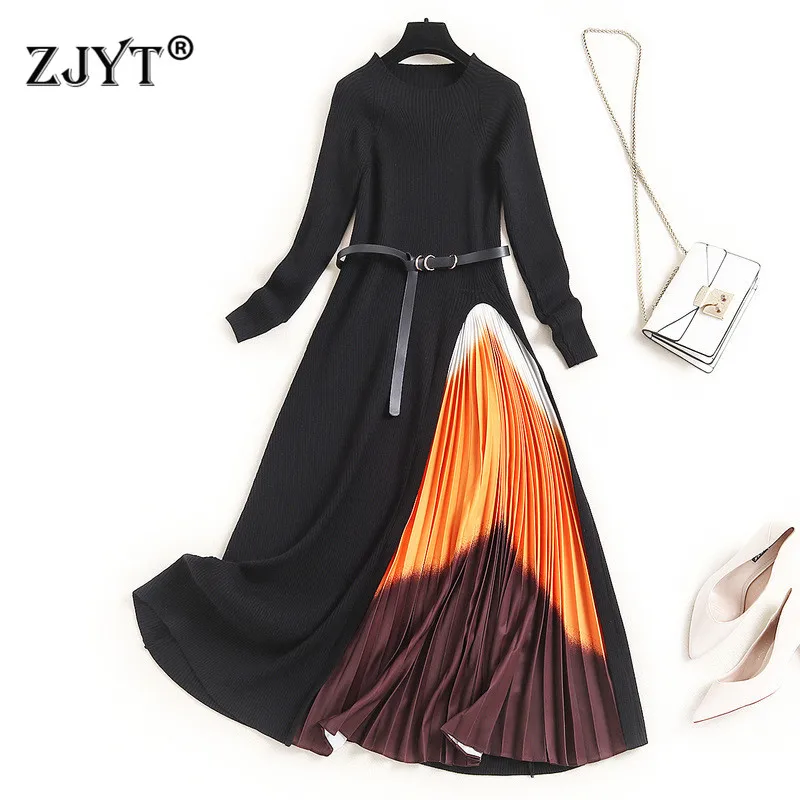 Женское трикотажное платье свитер дизайнерское лоскутное до середины икры с