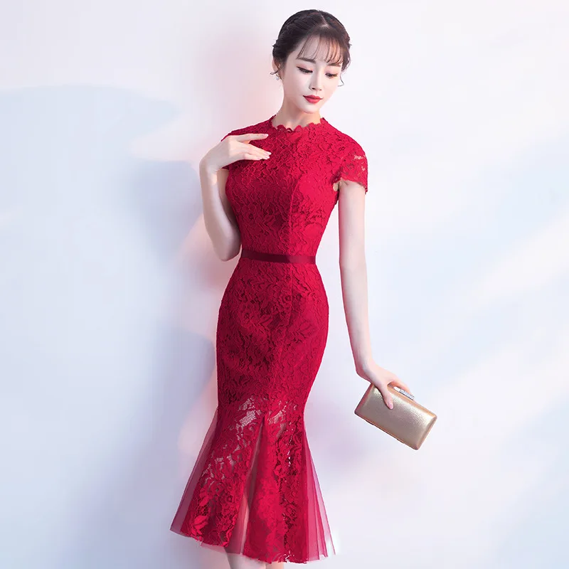 Традиционное вечерние йское платье-Русалка бордовый Чонсам Qipao вечернее платье