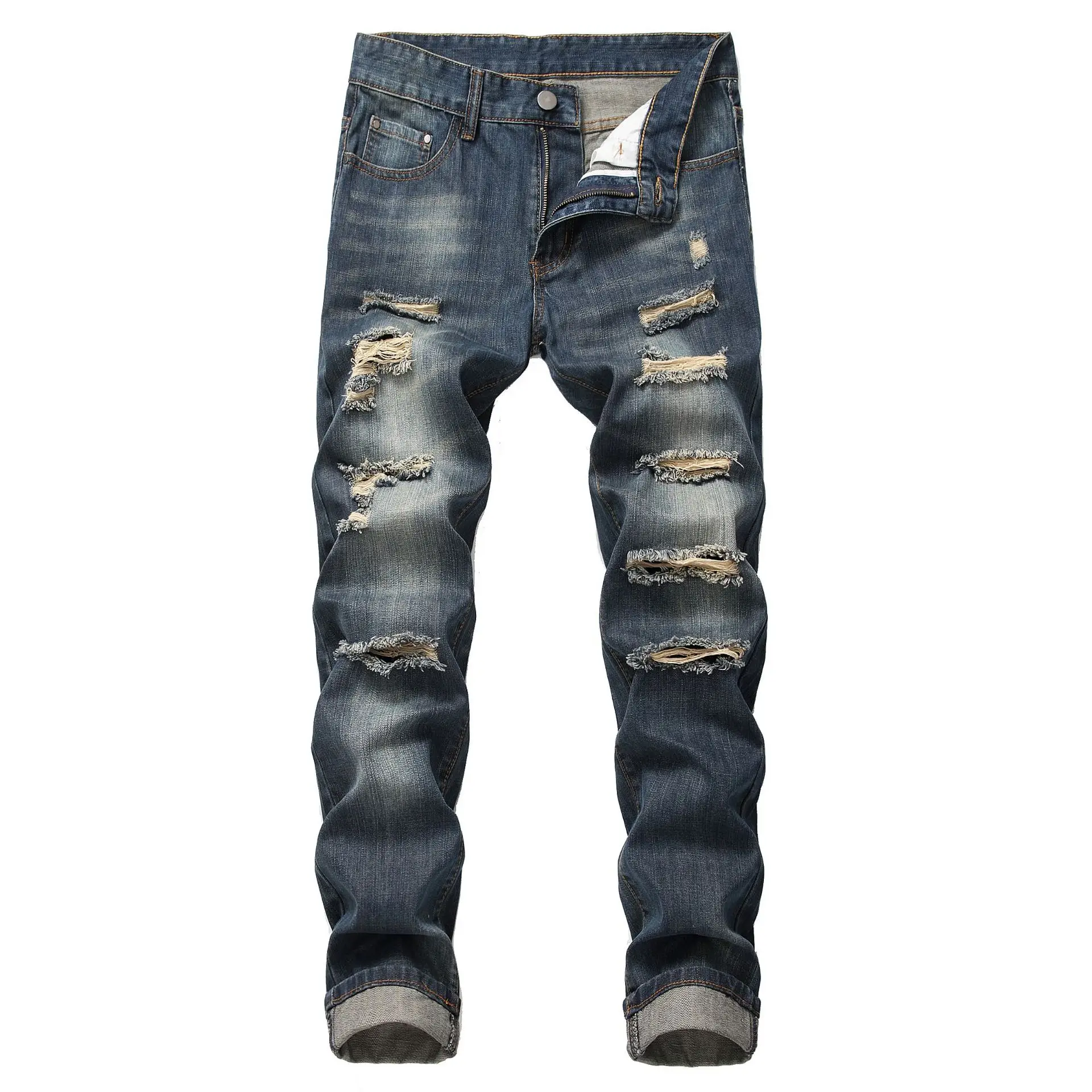 Spot trend 2020 fashion street men's wear pierced straight tube fit bullet free jeans men's pants