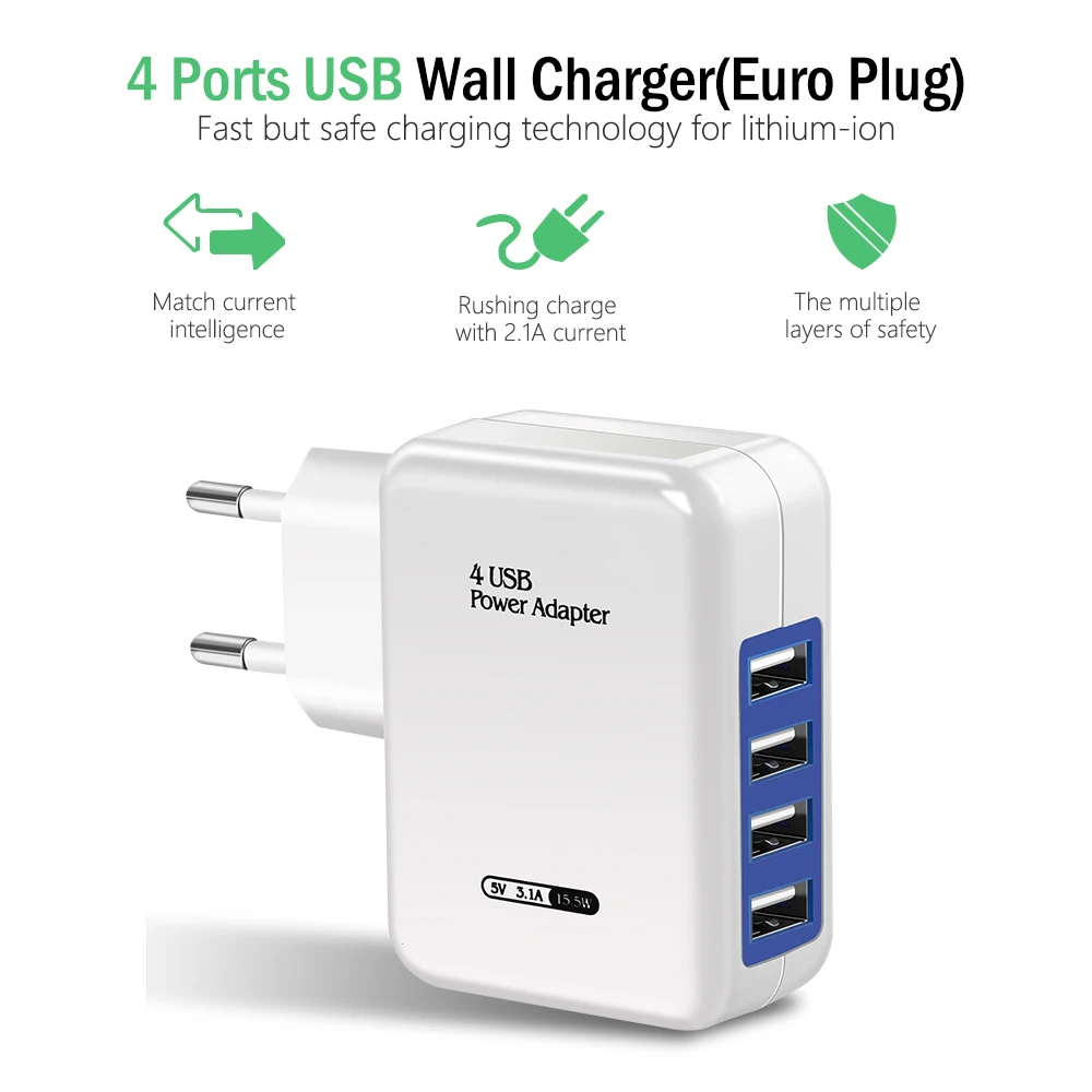 4Ports USB Smart Charger EU Plug Multiple Wall Adapter Mobile Phone Device 5V 3A Charge Fast Charging For iPhone Android tpye c |