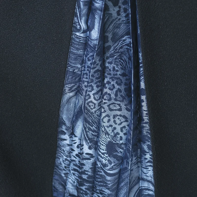 

VOA Double-Sided Cashmere Wool 14.75 Micron Navy Natural Waist Yoke Pleats Mix Material Stitching Elegant A- line Skirt SC1020