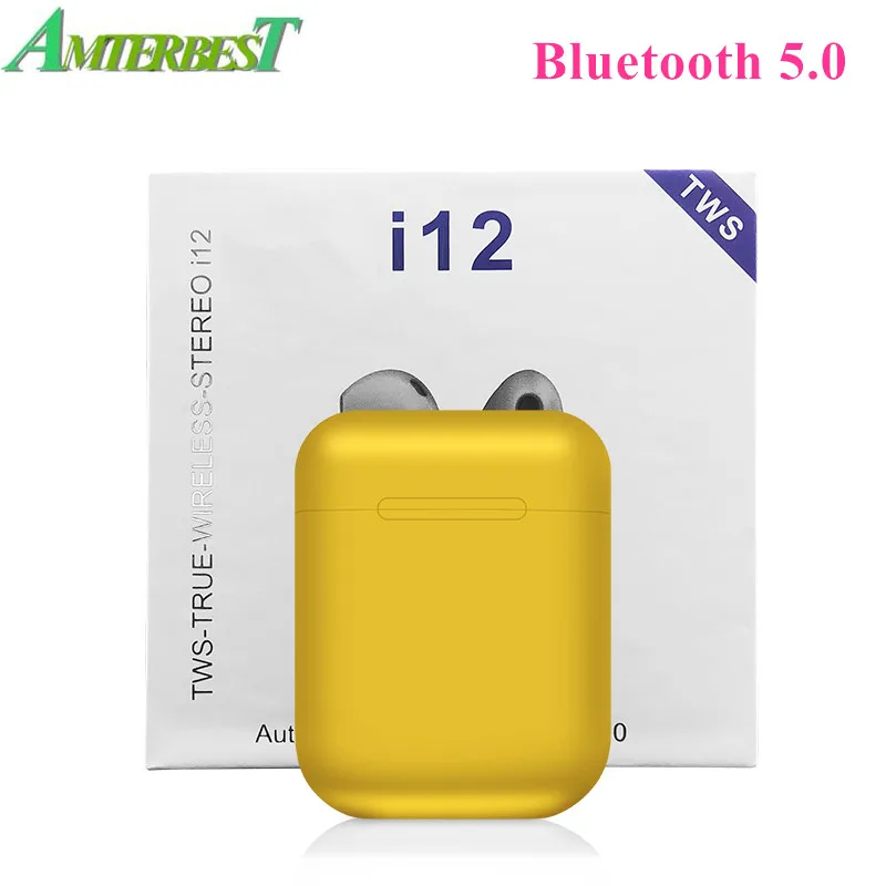 Цвет: желтый AMTERBEST i12 Tws Беспроводные Bluetooth 5,0 мини наушники сенсорное управление наушники гарнитуры для Iphone Android PK i30 i60 i200 i500 - Цвет: Цвет: желтый