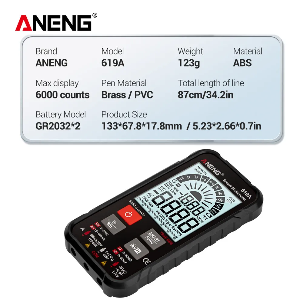 

619A Digital Multimeter AC/DC Currents Voltage Testers True RMS 6000 Counts Professional Analog Bar Multimetro NCV Meter ANENG