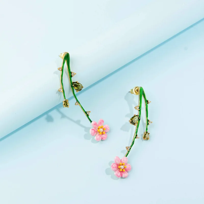 

European and American Design Sweet Style Multicolor Flower Stud Earrings Hand-painted Enamel 925 Silver Needle Earrings Female