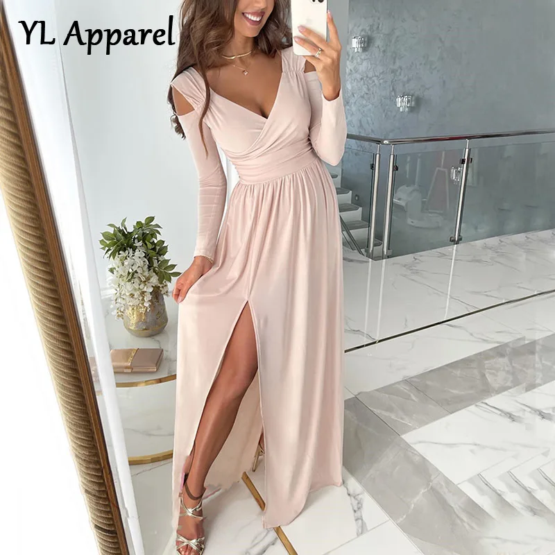 

Autumn Winter Off Shoulder Long Sleeve Women's Dress V-neck Tunics Split Long Maxi Evening Party Dresses New Year 2022 Black Red