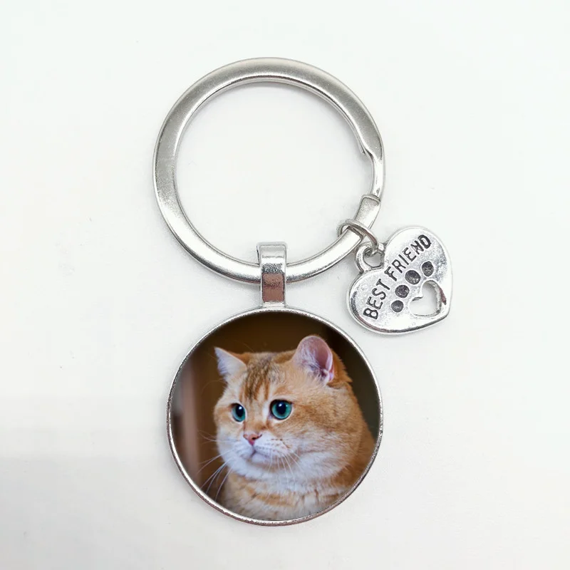 

Cute Pet Cat Convex Round Glass Pendant Keychain Naughty Cat Pattern Keychain Ornament