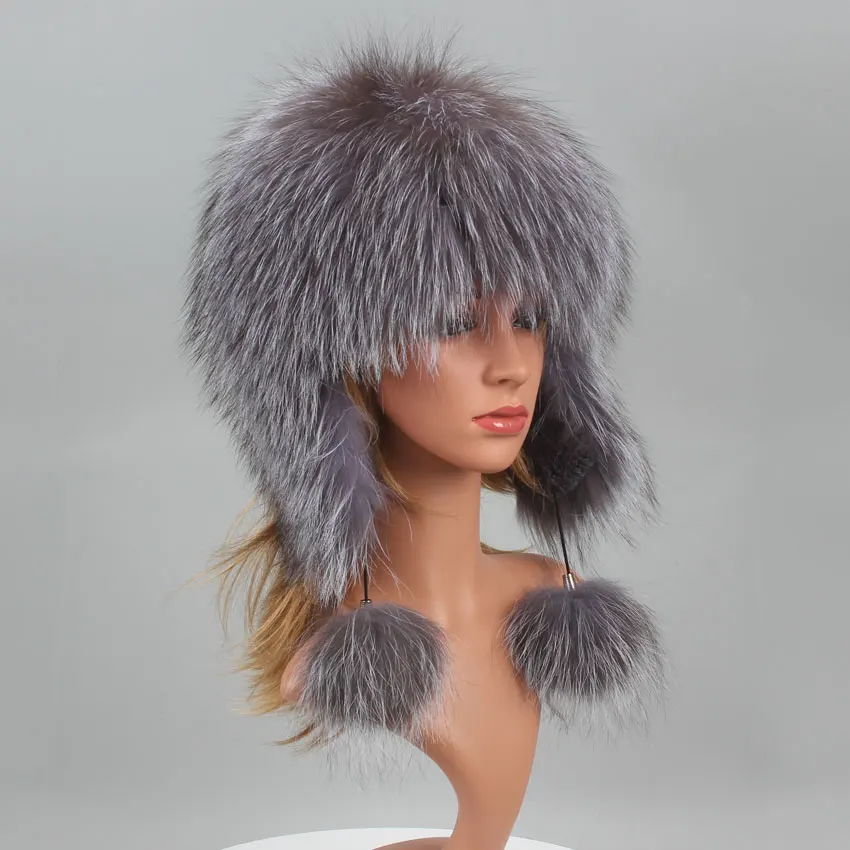 Real Fox Fur Pompom Bomber Winter bonnet Hat Russian Female Beanies Natural Raccoon Fur Hat Knitted Skullies Beanies Women's Cap
