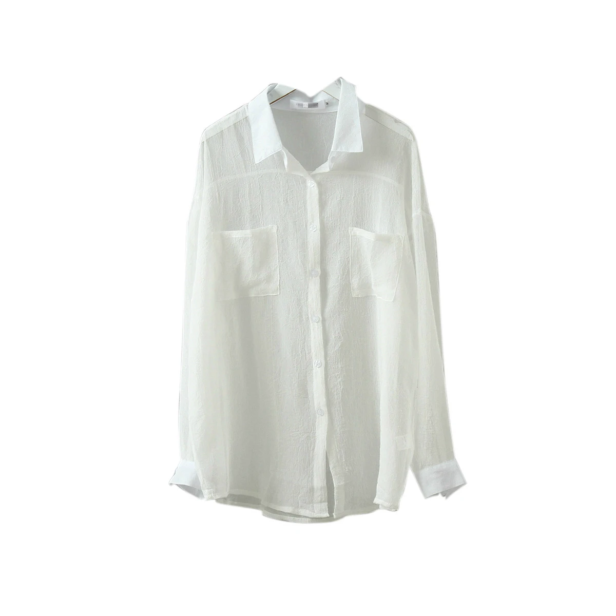 

Summer Breathable Casual Chiffon Blue Button Shirt Women Long Sleeve Girls Pleated Sun Shade Transparent Sexy See Through Shirt