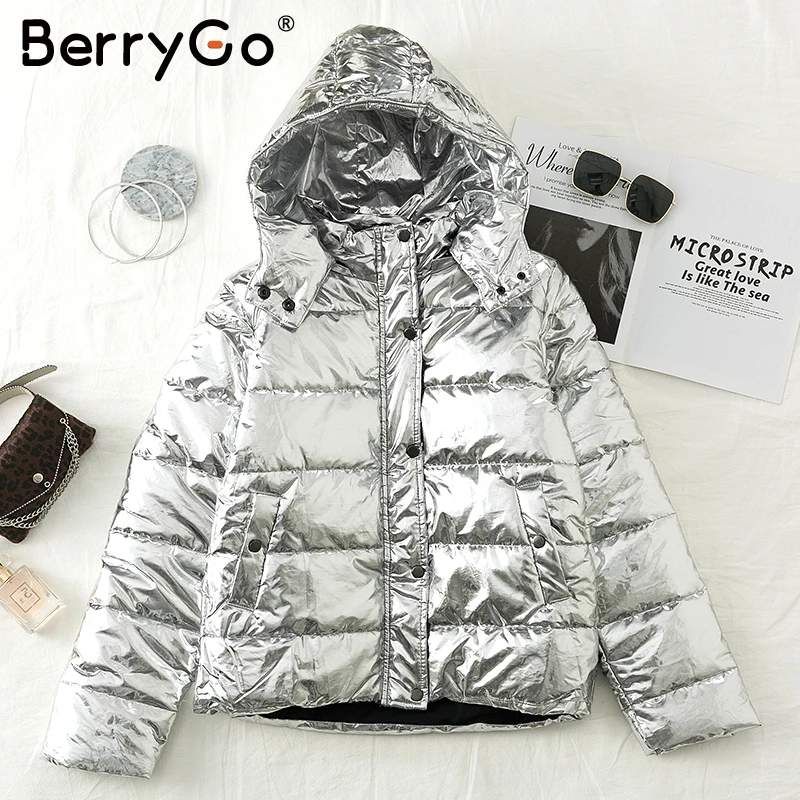 BerryGo/серебряное зимнее женское пальто с капюшоном Дамская парка на молнии с карманами, большие размеры, толстые теплые пуховые куртки, верхняя одежда
