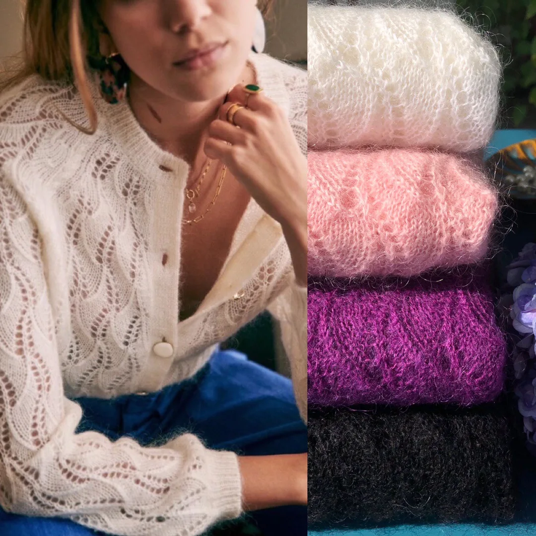 

Mohair Wool Knit Sweater Women Four Colors Hollow out O-neck Single Breasted 2021 Autumn Winter New Ladies Knitted Cardigans Top