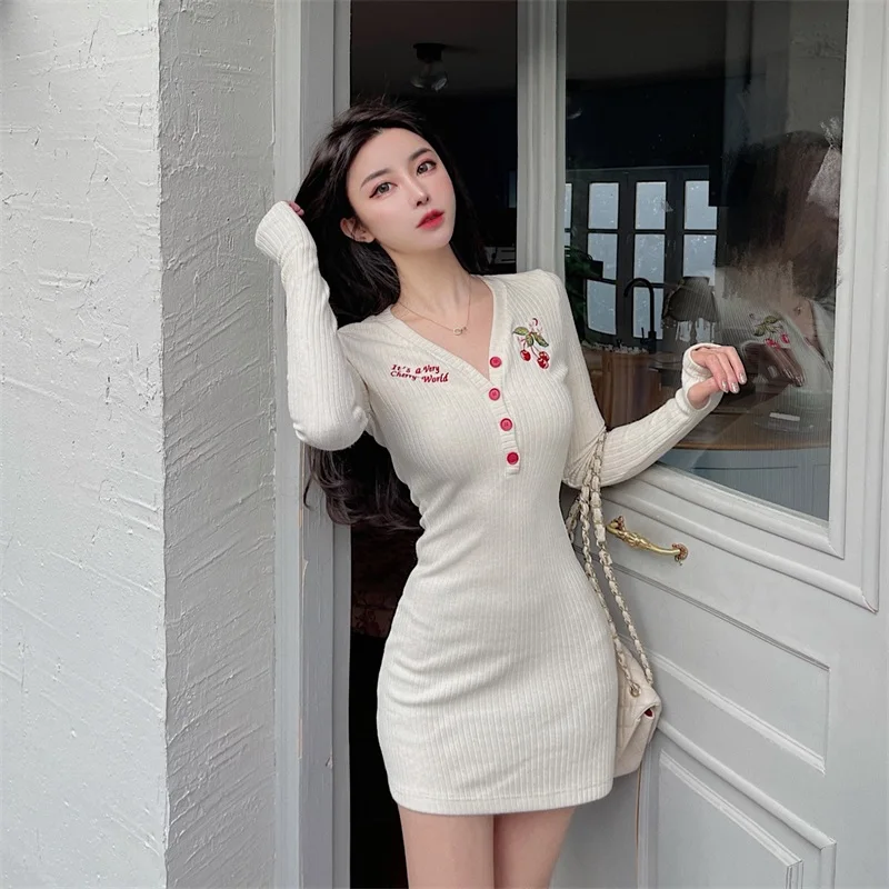 

Sister Fara New Spring Sweater Dress Women Elegant Knitted V-Neck Short Skirt Female Casual Cherry Print Autumn Woman Mini Dress