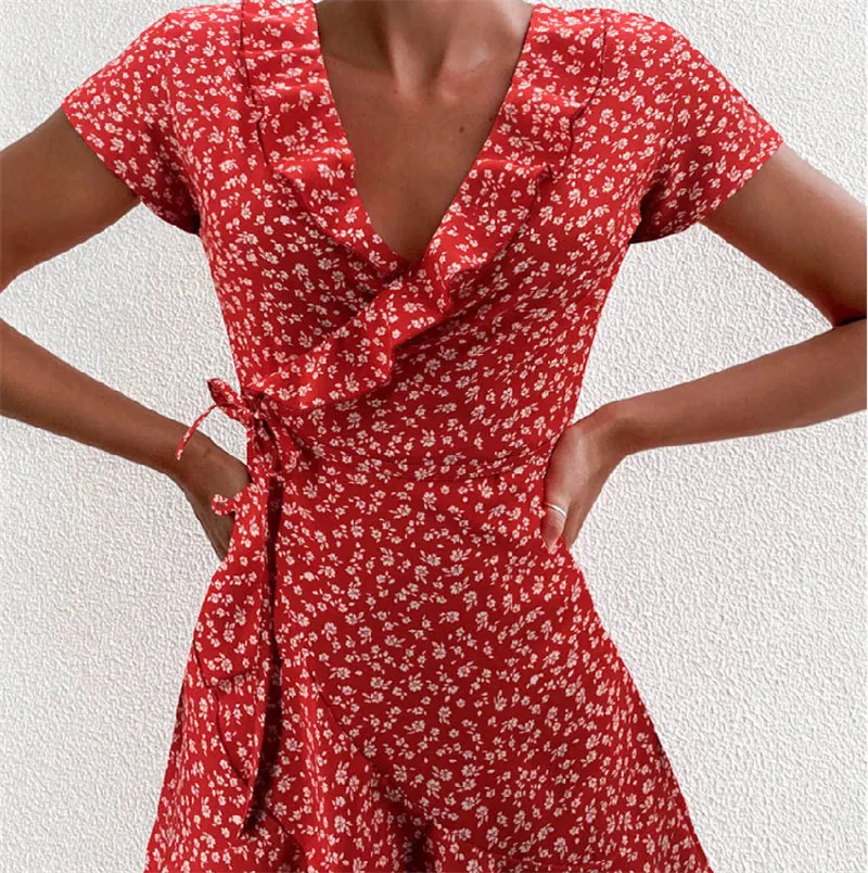 

Women Dresses Summer 2021 Sexy V Neck Polka Dots Print Boho Beach Dress Ruffle Short Sleeve A Line Mini Dress Sundress Robe