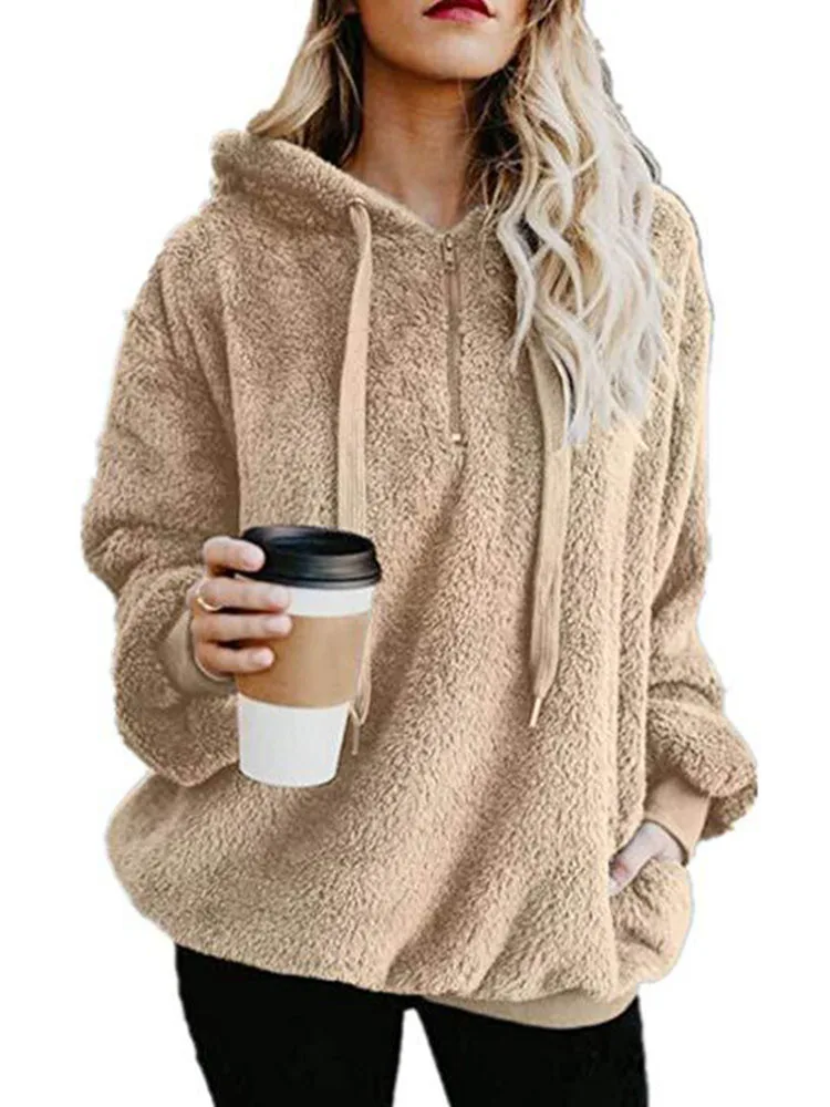 

2020 Winter Lamb Plush Warm Ladies Pullover Long-Sleeve Solid Color Fleece Women Hoodies Cotton Blend Plus Size Loose Casual