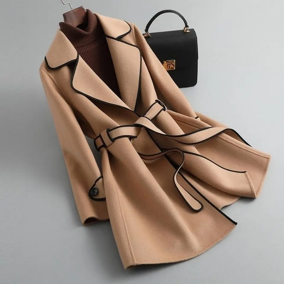

2022 Spring and Winter Double-sided Plush Coat Women Korean Style Lace-up Slim Mid-length Suit Trench Coat Office Lady