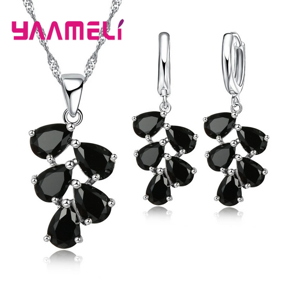 Black 925 пробы серебряный кулон ожерелье серьги натуральный лист Капля воды форма красочные/красный/белый/черный/синий для девочек - Окраска металла: Black