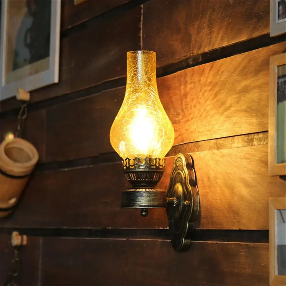 

Wall Lamp Vintage Metal Wall Glass Light Style E27 Oil Lamp With Crack Lampshade Decoration For Loft Corridor Bedroom