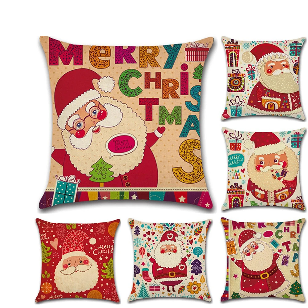 Симпатичная льняная наволочка с мультяшным Санта Клаусом Рождественский принт