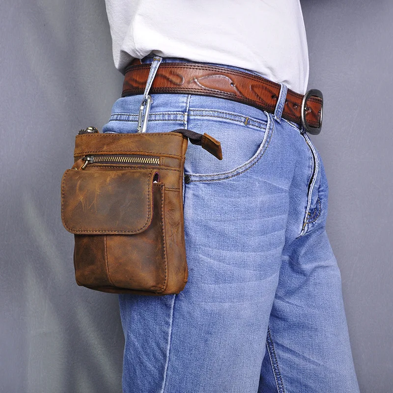

SAMWESTAR Men's Waist Packs Genuine Leather Small Vintage Mobile Phone Camera Outdoor 7-Inch with Hook Male Waist Pack