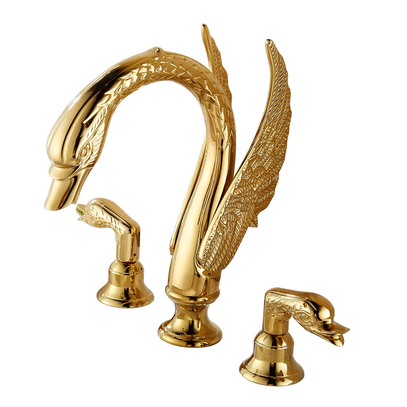 

Golden Swan Faucets 2 Handles Soild Brass Gold Finish Faucet Bathroom Three Hole Wash Basin Tap Mixer for Bath Basin Tub AU892