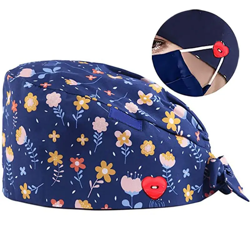 

Doctor Nurse Scrub Cap with Heart Button Mask Holder Cartoon Floral Working Adjustable Tie Back Bouffant Cap
