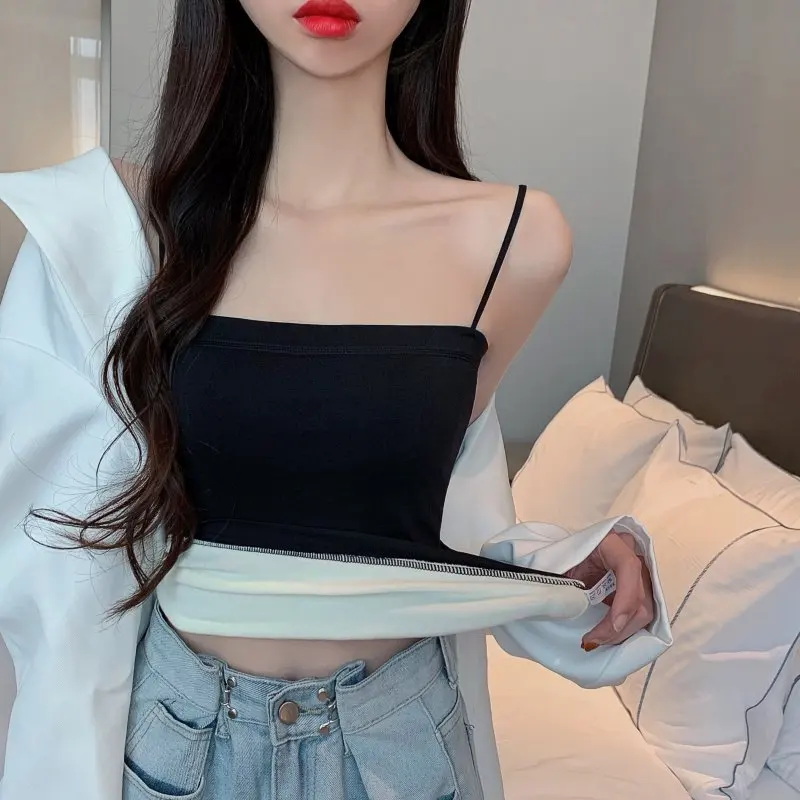 

Womens Winter Warm Thickened Plush Tank Top Spaghetti Straps V-Neck Slim Bottoming Vest Solid Color Camisole Shirt