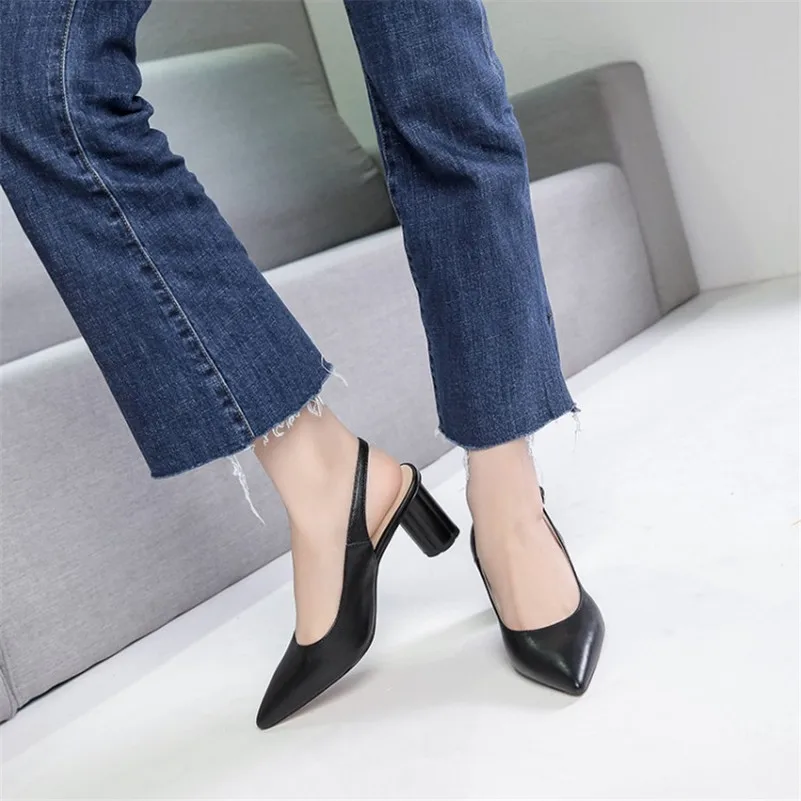 

ANNYMOLI Women Pumps Real Leather High Heels Slingbacks Shoes Pointed Toe Strange Style Lady Footwear Summer Black Plus Size 41