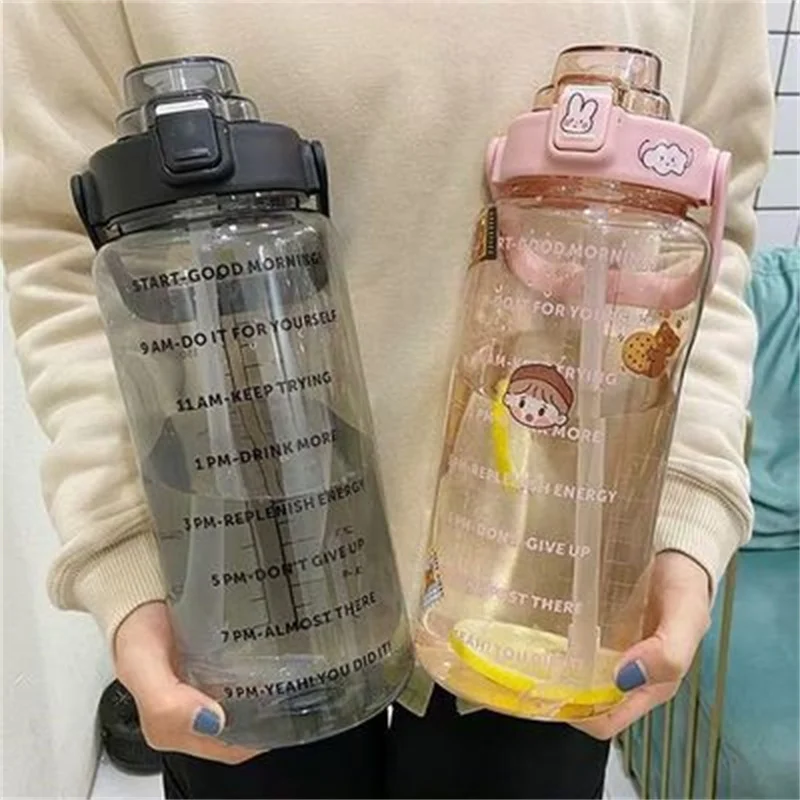 

2L Large Capacity Water Bottle Outdoor Tour Climbing Hiking Self-Driving Sport Water Bottle with Stickerstime Marker Fitness Jug