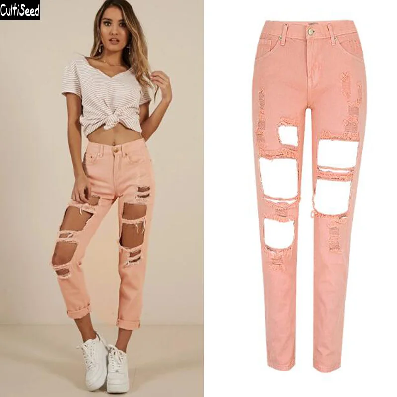 

Женские розовые джинсовые брюки Cultiseed, брюки с высокой талией, рваные прямые джинсы с дырками, женские модные брюки до щиколотки