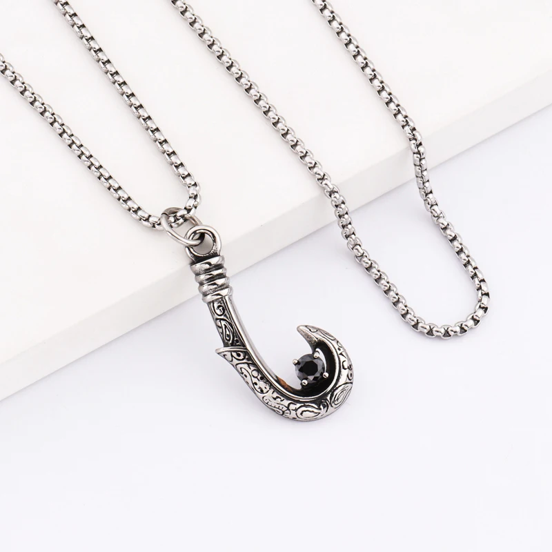 

New mens fashion fishing hook necklace pendant CZ stone Vintage 316 stainless steel gothic men fishing hook necklace jewelry