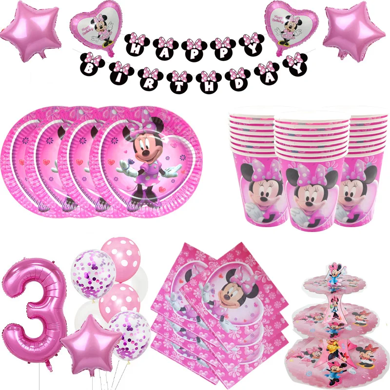 

Disney Minnie Mouse Birthday Party Decorations Baby Girl Birthday Disposable Tableware or Balloon Set Scenes Collection Decor
