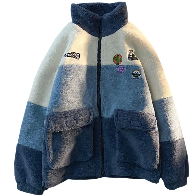 

Korean Winter Polar Fleece Zipper Coat Women Sweatshirt Embroidery Harajuku Cactus Clover Stitching Color Fashion Clothes Female