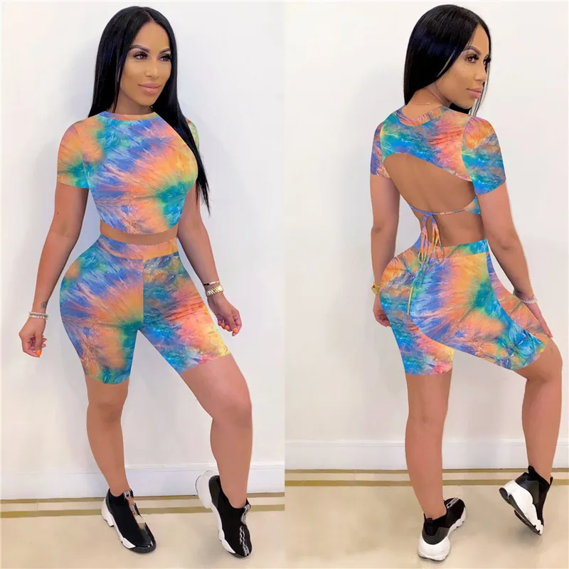 

Imcute Tie Dyeing Print Women Sports Suit Sleeveless Strap Crop Top High Waist Shorts Pants Workout Clothes Tracksuit Outfit