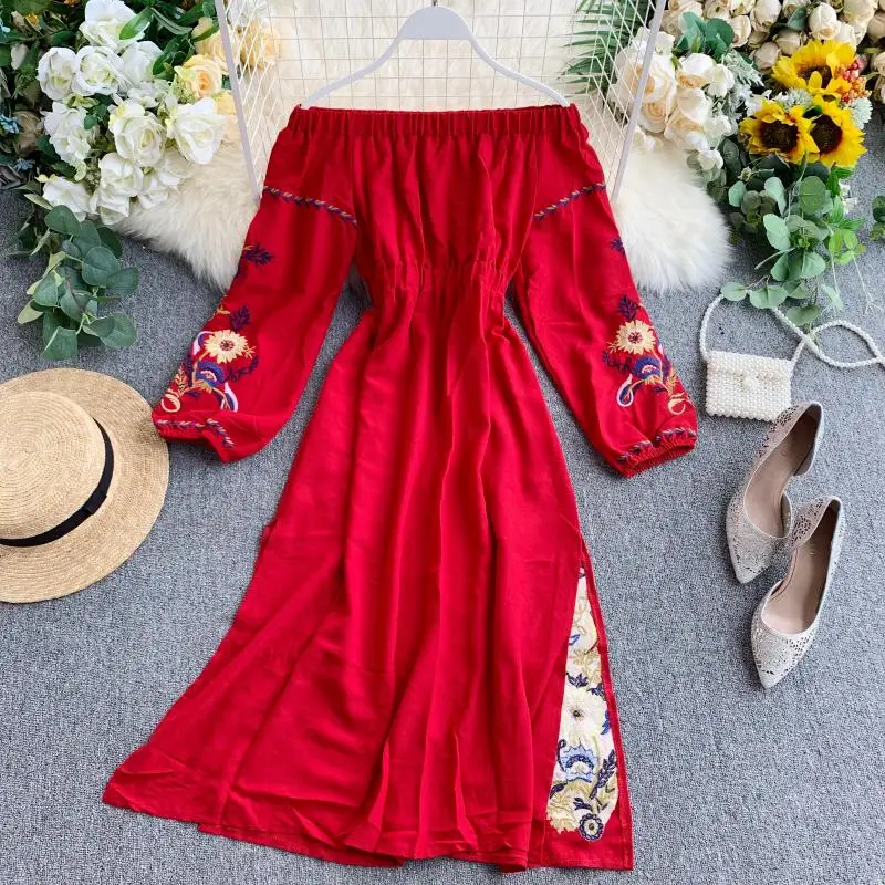 Женское богемное платье с длинным рукавом открытыми плечами и разрезом | Женская