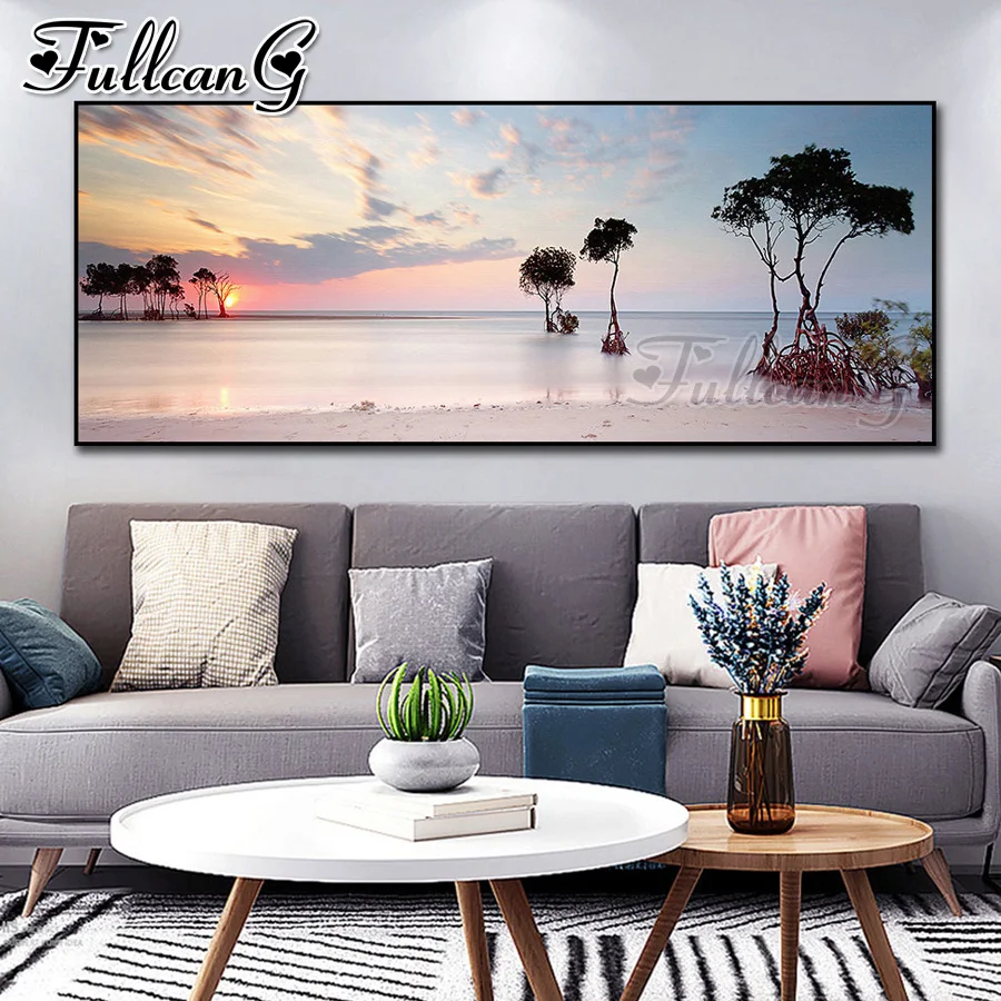 

FULLCANG Sunset calm sea natural scenery 5d diy full square round drill diamond embroidery large mosaic painting decor FC3356