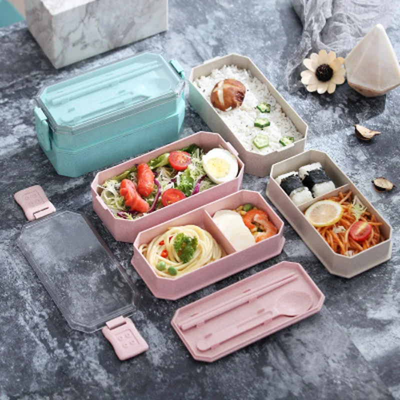 

800ml Healthy Material 2 Layer Lunch Box Wheat Straw Bento Boxes Microwave Dinnerware Food Storage Container Lunchbox
