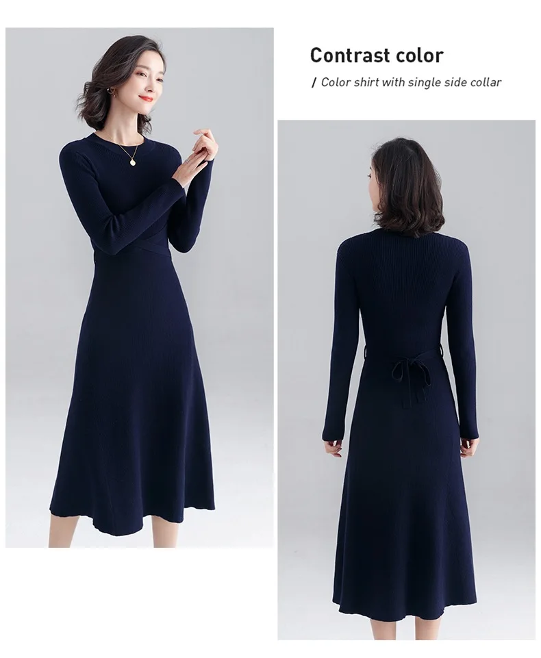 INNASOFAN knitted dress women Autumn Winter long-sleeved dress Euro-American fashion chic dress solid color
