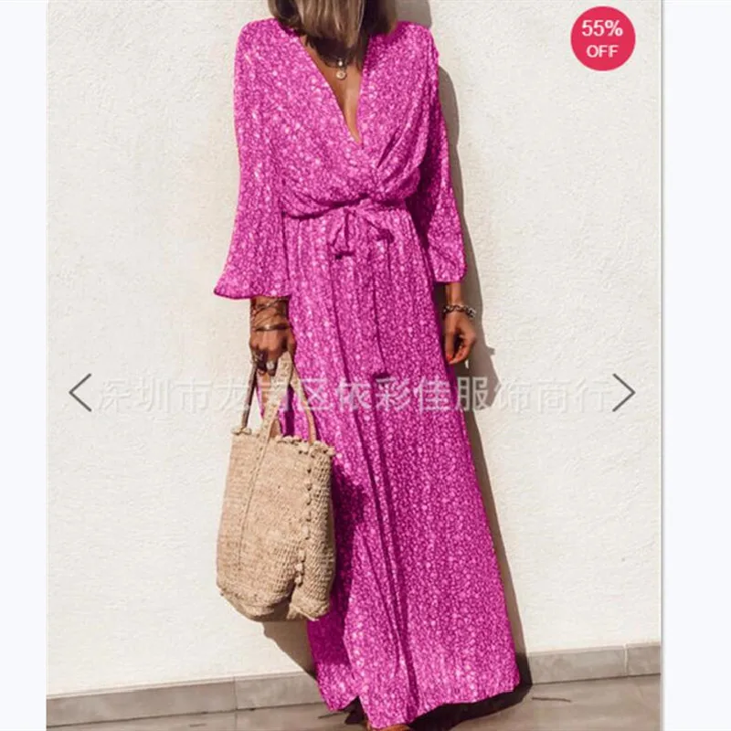 

Plus Size Vintage Women Print Long Dress Spring 2020 V-neck Long Sleeves Sashes Slim Dress