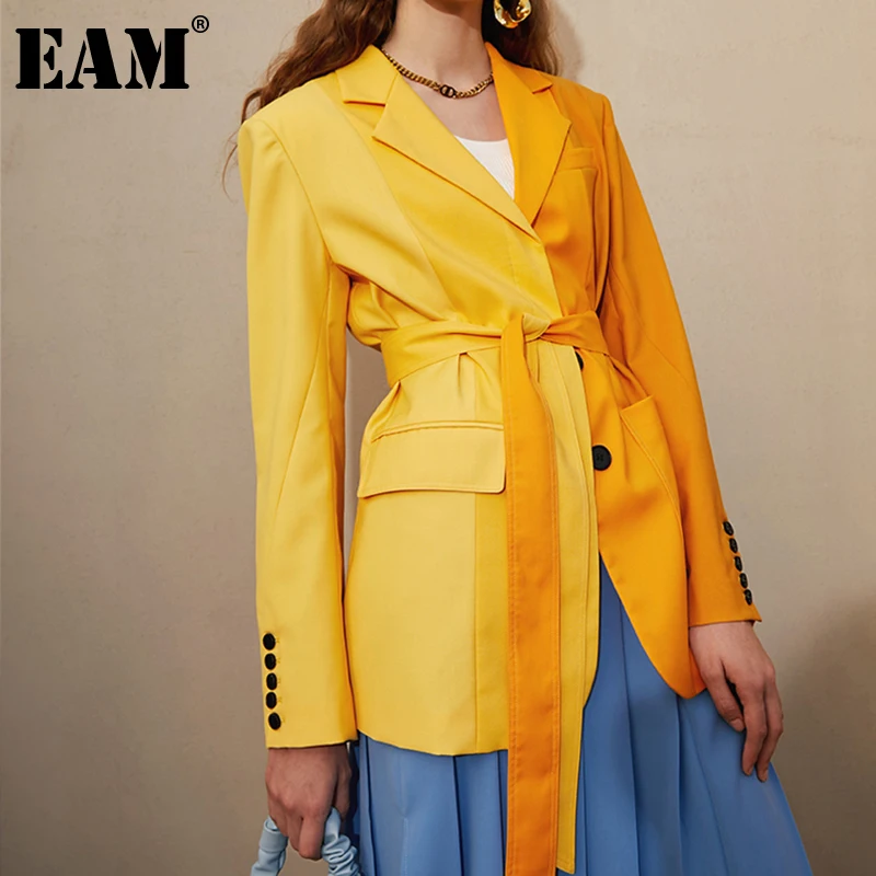

[EAM] Women Yellow Pocket Sashes Spliced Blazer New Lapel Long Sleeve Loose Fit Jacket Fashion Tide Spring Autumn 2022 1DD6178