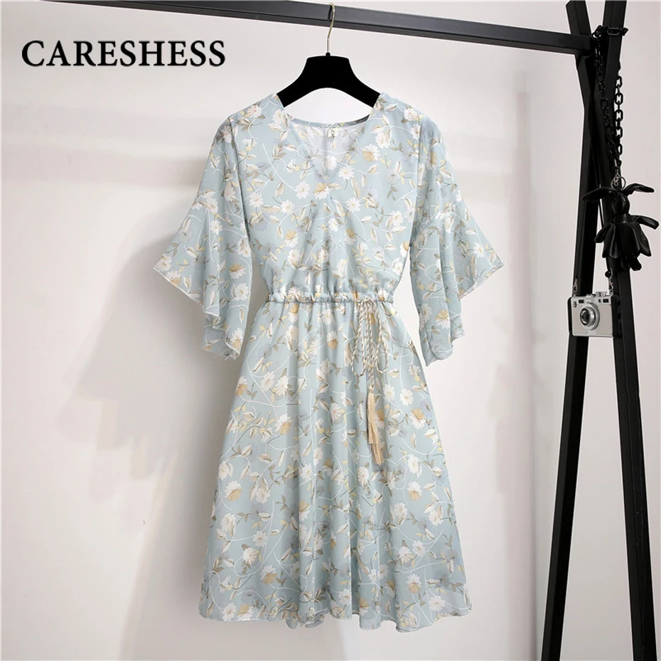 

CARESHESS 2021 Women Dresses Summer V Neck Floral Print Boho Beach Fashionable Dresses Ruffle Short Sleeve A Line Mini Dress Rob