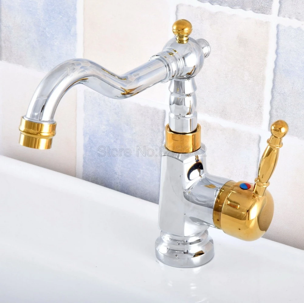 

Polished Chrome & Gold Color Brass Bathroom Vessel Sink Faucet Single Handle Swivel Spout Mixer Tap Single Hole tsf803