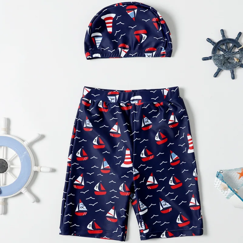 Плавки для мальчиков с кепкой летние пляжные шорты рисунком купальные трусы