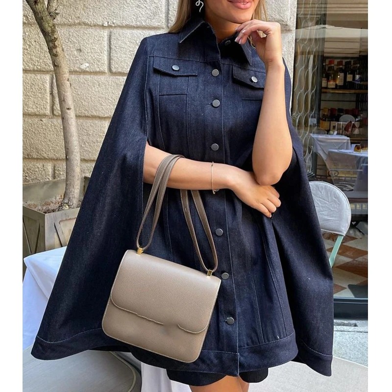 

Wepbel Fashion Jeans Dress Long Clack Sleeve Black Denim Loose Cape Coat Dress Women Loose Denim Mini Streetwear Dress