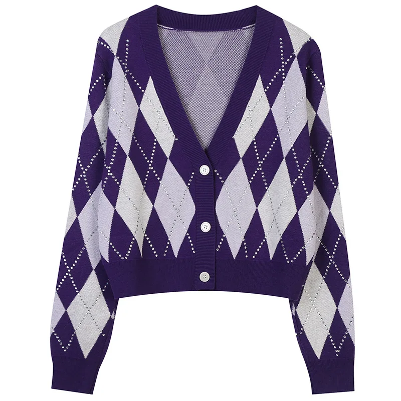 

Fall 2021 Women Clothing Pink Cardigan Harajuku Sweater V-Neck Argyle Sequined Long Sleeve Loose Knitting Cardigan Female
